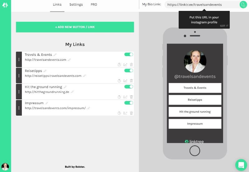 Linktree Admin für Travels and Events